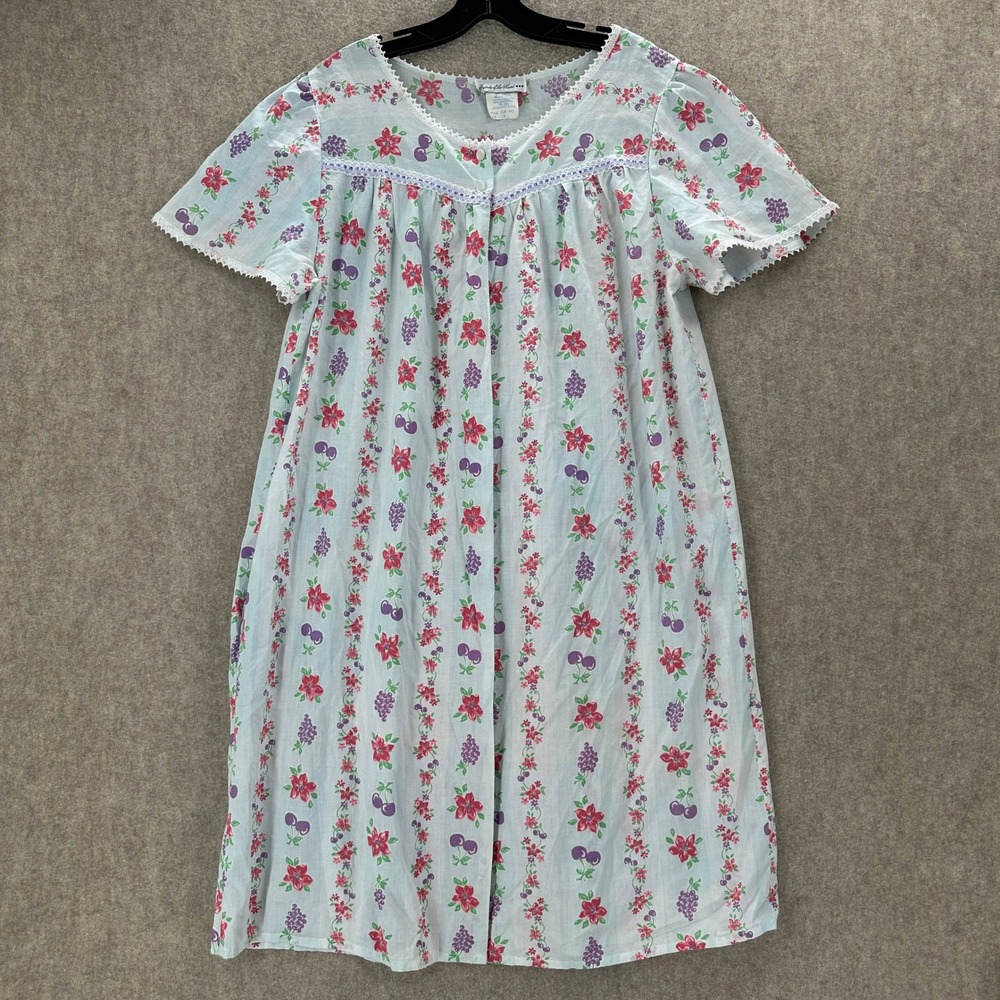 Friends of the Heart Nightgown‎ Sleepshirt One Button Blue Floral Fruit Print 1X